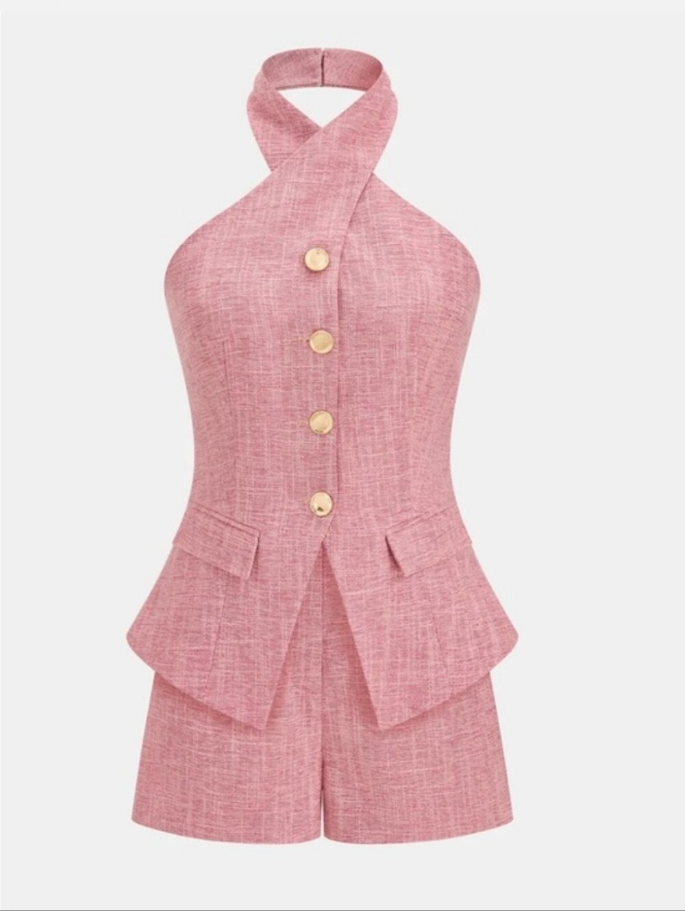 COMMENSS Pink Halter Peplum Romper with Gold Buttons